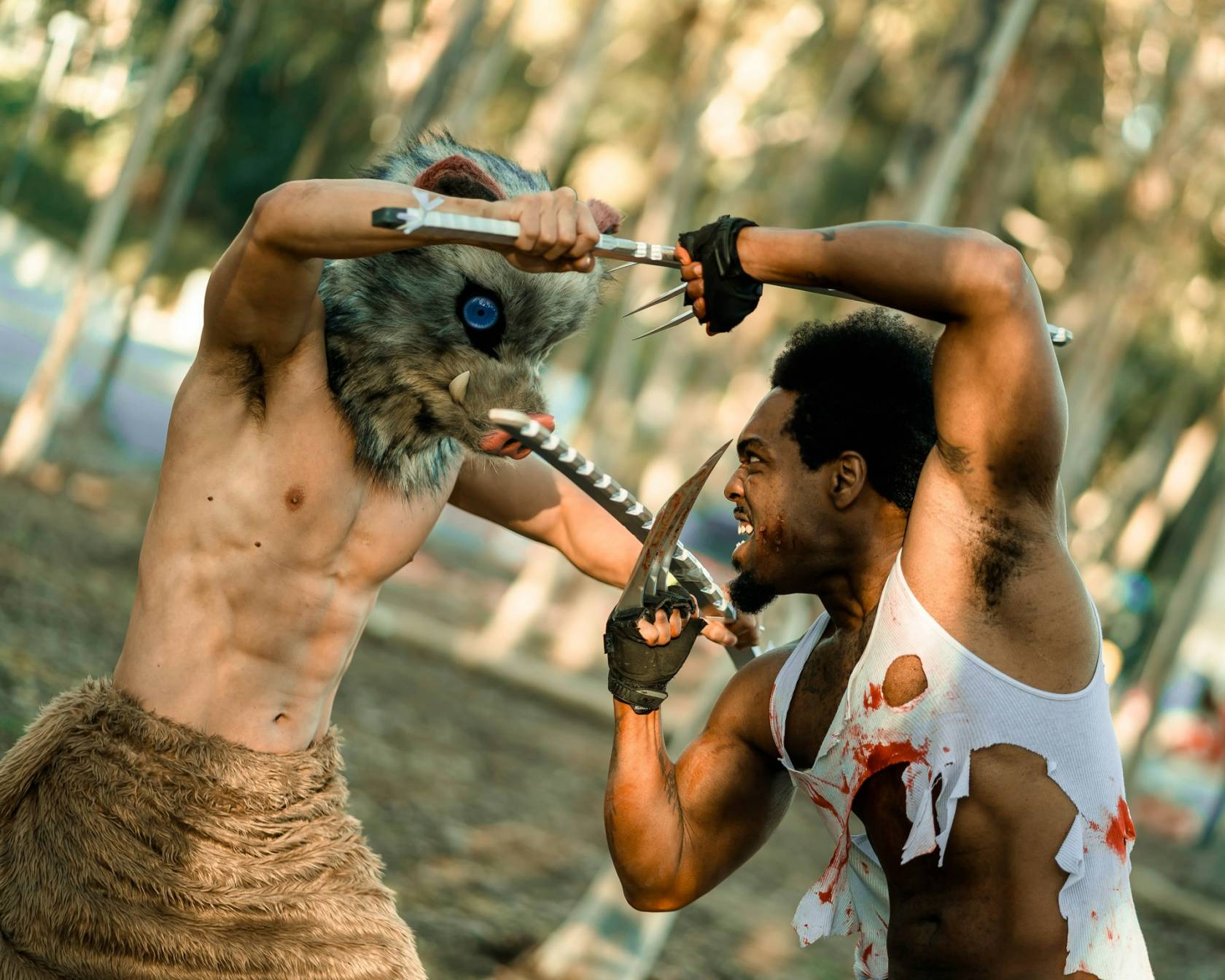 Muscular barechested man resembling Thorax from an action film, wearing a crop top and stylish clothing.